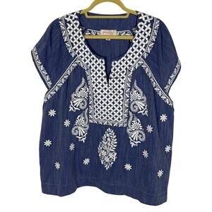 Philosophy 2X Women's Blue Embroidered‎ Split Neck Lightweight Summer Top